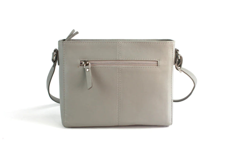 Finest Soft Leather Cross Body Handbag with Front and Rear Pocket Detailing - Pale Grey - British D'sire