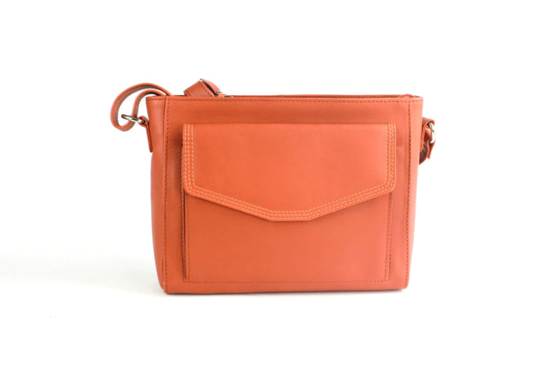 Finest Soft Leather Cross Body Handbag with Front and Rear Pocket Detailing - Russet / Brown /Orange - British D'sire