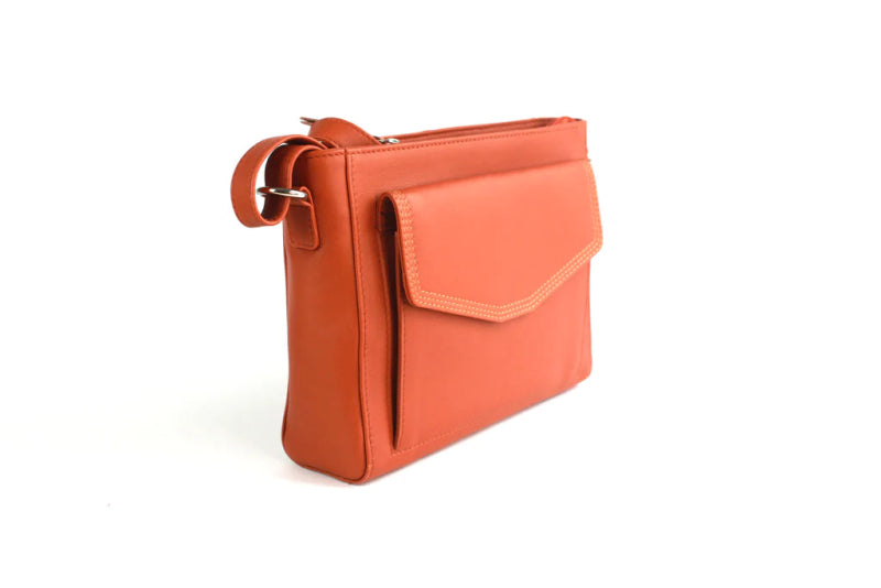 Finest Soft Leather Cross Body Handbag with Front and Rear Pocket Detailing - Russet / Brown /Orange - British D'sire