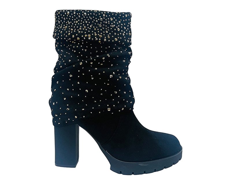 Fold Over Rhinestone Block Heel Ankle Boots - Boots - British D'sire