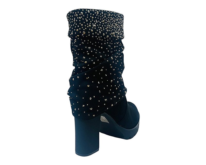 Fold Over Rhinestone Block Heel Ankle Boots - Boots - British D'sire