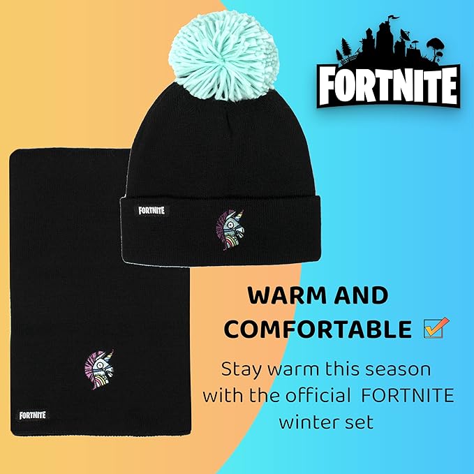 FORTNITE Children's Hat & Scarf Set - Black Woolly Hat & Gloves Llama Design - One Size Fits 12 - 16 Years - Official Merchandise - Cold Weather Sets - British D'sire