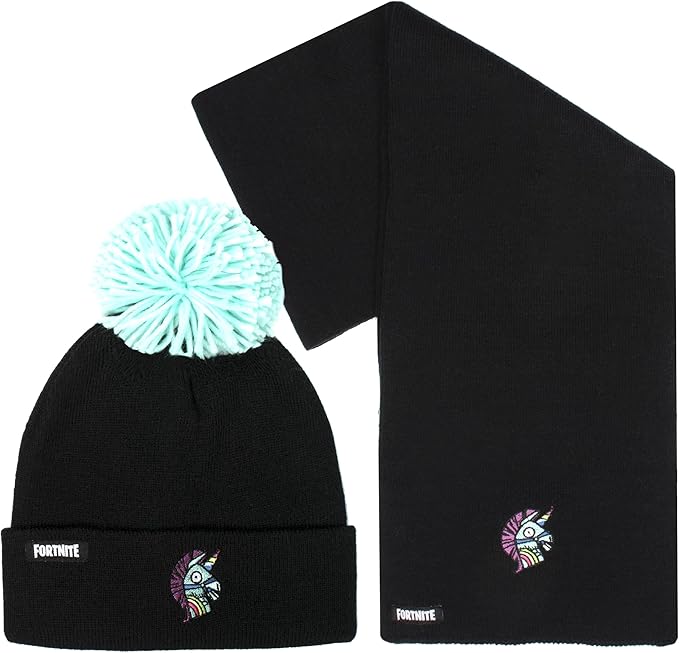 FORTNITE Children's Hat & Scarf Set - Black Woolly Hat & Gloves Llama Design - One Size Fits 12 - 16 Years - Official Merchandise - Cold Weather Sets - British D'sire