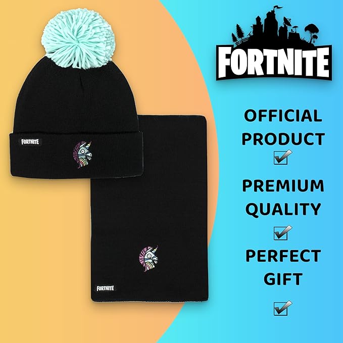 FORTNITE Children's Hat & Scarf Set - Black Woolly Hat & Gloves Llama Design - One Size Fits 12 - 16 Years - Official Merchandise - Cold Weather Sets - British D'sire