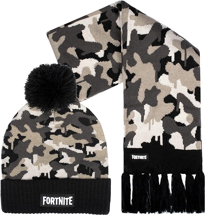 Fortnite Children's Hat & Scarf Set - Grey Woolly Hat & Gloves Camo Design - One Size Fits 12 - 16 Years - Official Merchandise - British D'sire