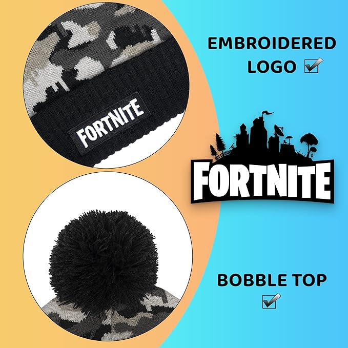 Fortnite Children's Hat & Scarf Set - Grey Woolly Hat & Gloves Camo Design - One Size Fits 12 - 16 Years - Official Merchandise - British D'sire