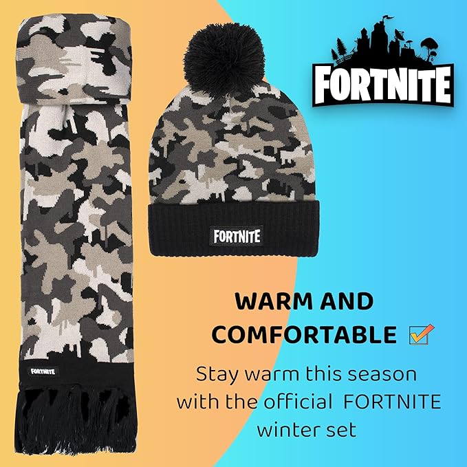 Fortnite Children's Hat & Scarf Set - Grey Woolly Hat & Gloves Camo Design - One Size Fits 12 - 16 Years - Official Merchandise - British D'sire