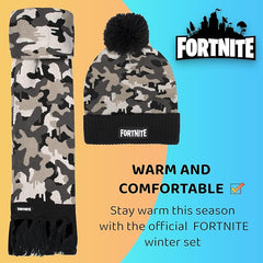 Fortnite Children's Hat & Scarf Set - Grey Woolly Hat & Gloves Camo Design - One Size Fits 12 - 16 Years - Official Merchandise - British D'sire