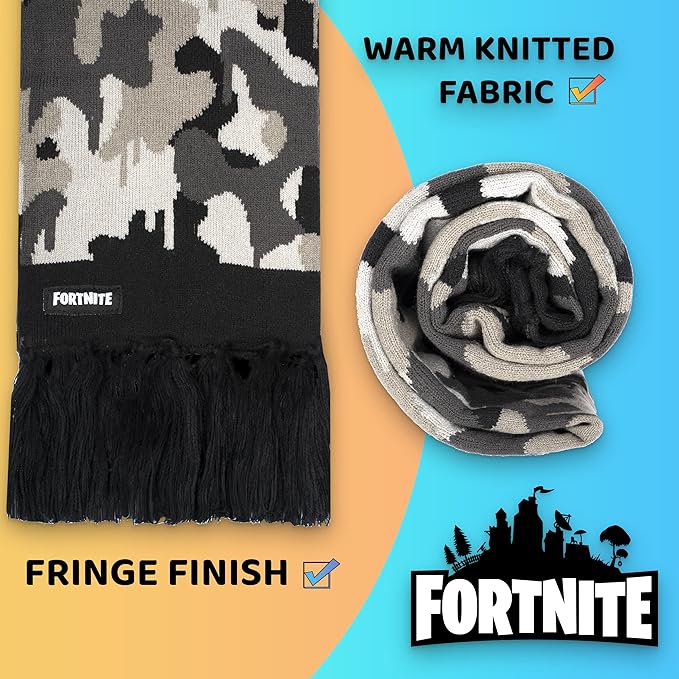 Fortnite Children's Hat & Scarf Set - Grey Woolly Hat & Gloves Camo Design - One Size Fits 12 - 16 Years - Official Merchandise - British D'sire