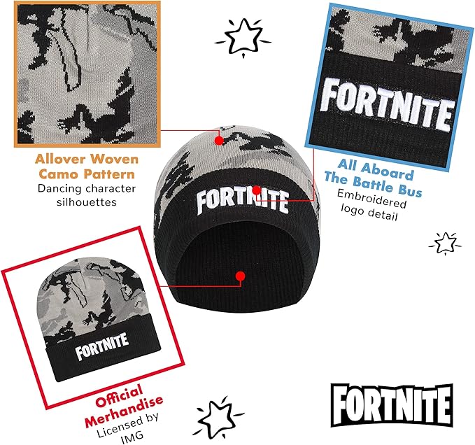 Fortnite Emotes Camo Beanie, Kids, One Size, Grey, Official Merchandise - Hats & Caps - British D'sire