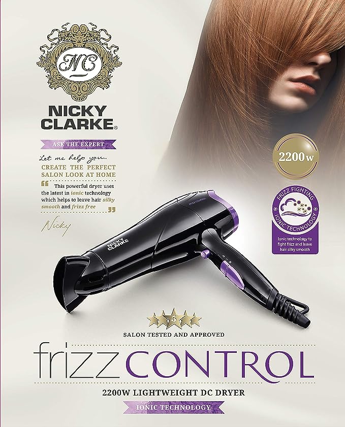 Nicky Clarke 2200W Lightweight Frizz Control Fast Dry DC Ionic Hair Dryer, 2 Heat & Speed Settings, Cool Shot, 2m Salon Length Cable with Hanging Loop - NHD177, Black 7 Purple