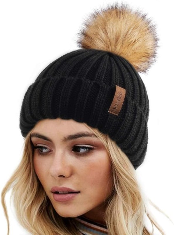 FURTALK Winter Hats for Women Double Layer Fleece Line Beanie Hat with Bobble Pom Pom Hats - Hats & Caps - British D'sire