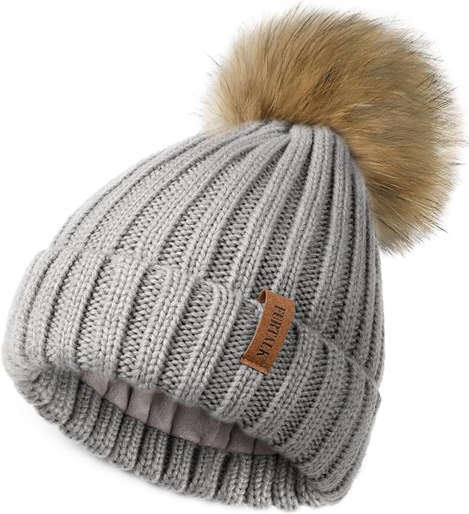 FURTALK Winter Hats for Women Double Layer Fleece Line Beanie Hat with Bobble Pom Pom Hats - Hats & Caps - British D'sire