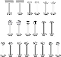 FUYOAL 20 Pieces Stainless Steel Nose Studs, Nose Piercing Jewelry Crystal Ball Silver Labret Tragus Earring Piercing Bars Set Unisex Gift for Women Men - Studs - British D'sire