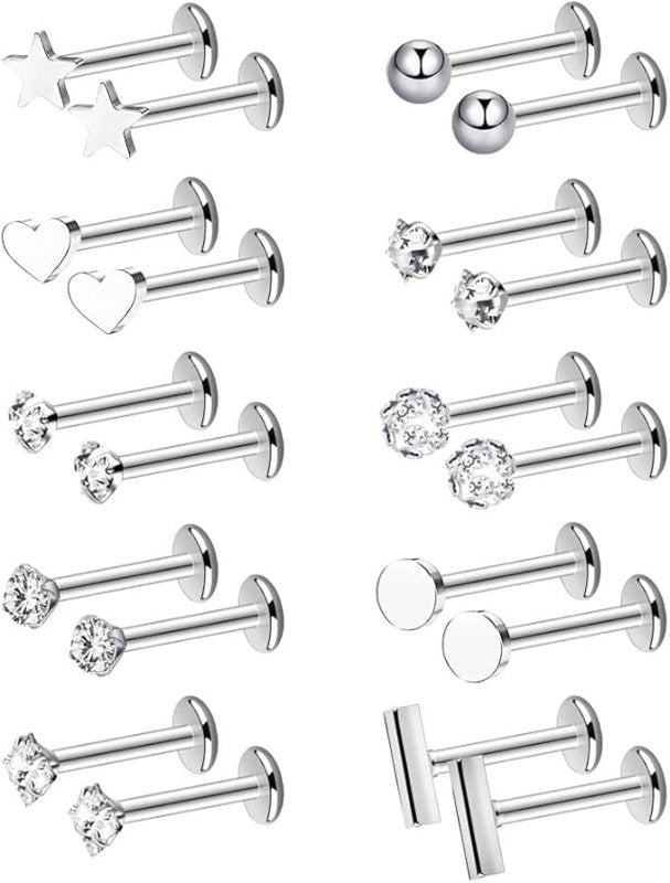 FUYOAL 20 Pieces Stainless Steel Nose Studs, Nose Piercing Jewelry Crystal Ball Silver Labret Tragus Earring Piercing Bars Set Unisex Gift for Women Men - Studs - British D'sire