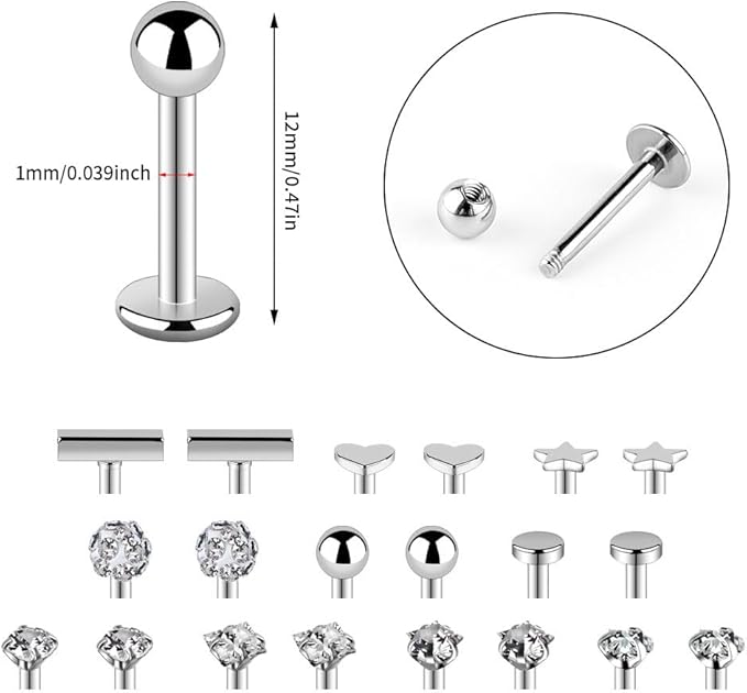 FUYOAL 20 Pieces Stainless Steel Nose Studs, Nose Piercing Jewelry Crystal Ball Silver Labret Tragus Earring Piercing Bars Set Unisex Gift for Women Men - Studs - British D'sire