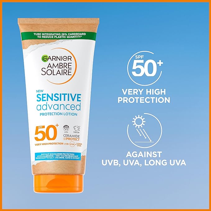 Garnier Ambre Solaire SPF 50+ Sensitive Advanced Sun Cream, For Sensitive Skin, Water Resistant & Non-Greasy Sunscreen, SPF 50 UVA & UVB Protection, Approved by Cruelty Free International, 175ml - British D'sire