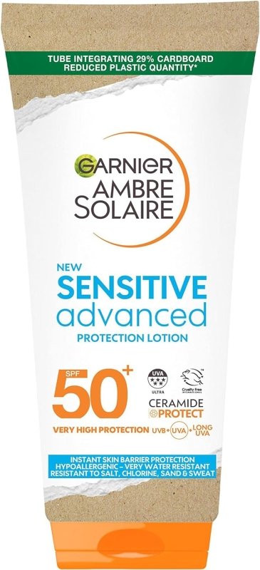 Garnier Ambre Solaire SPF 50+ Sensitive Advanced Sun Cream, For Sensitive Skin, Water Resistant & Non-Greasy Sunscreen, SPF 50 UVA & UVB Protection, Approved by Cruelty Free International, 175ml - British D'sire