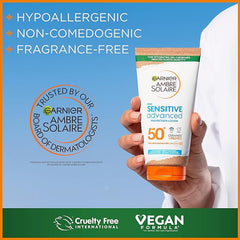 Garnier Ambre Solaire SPF 50+ Sensitive Advanced Sun Cream, For Sensitive Skin, Water Resistant & Non-Greasy Sunscreen, SPF 50 UVA & UVB Protection, Approved by Cruelty Free International, 175ml - British D'sire