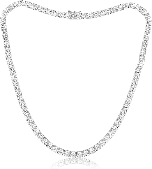 GEMSME 18K White Gold Plated Tennis Neckalce 5mm Round Cubic Zirconia Classic Necklace for Women - Necklaces & Pendants - British D'sire