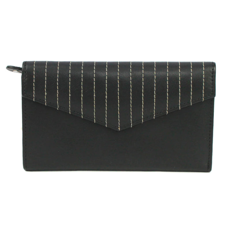 Genuine Soft Leather Purse RFID protection envelope style design and stitching detail Black - British D'sire