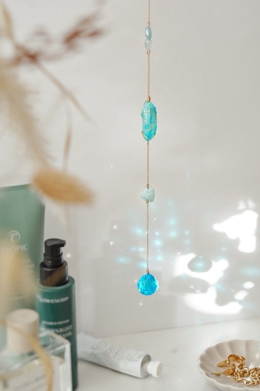 Gold Plated Raw Crystal Aquamarine & Wrapped Blue Agate Suncatcher - Suncatchers - British D'sire