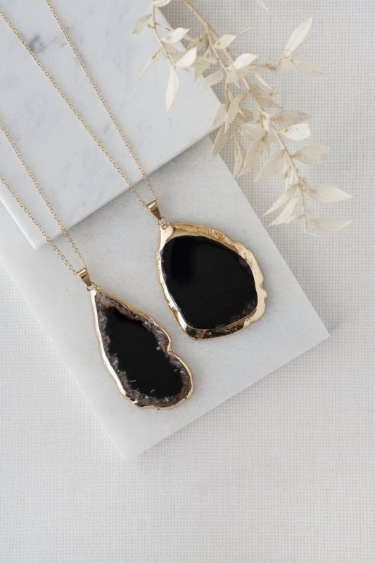 Gold Tone & Black Agate Crystal Long Length Statement Necklace - Necklaces - British D'sire