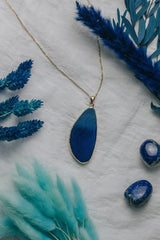 Gold Tone & Blue Agate Crystal Long Length Statement Necklace - Necklaces - British D'sire