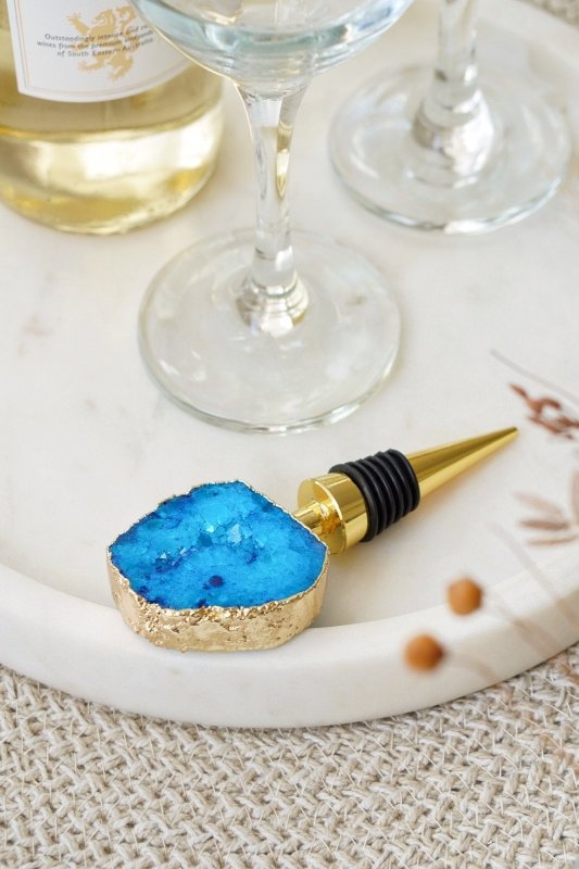 Gold Tone Blue Agate Crystal Wine Bottle Stopper - Bottle Openers - British D'sire