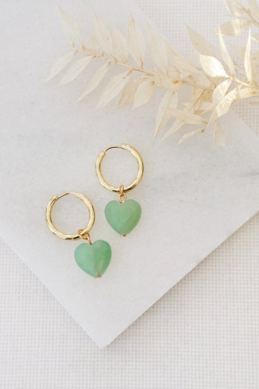 Gold Tone Chunky Hoop and Aventurine Heart Earrings - Earrings - British D'sire