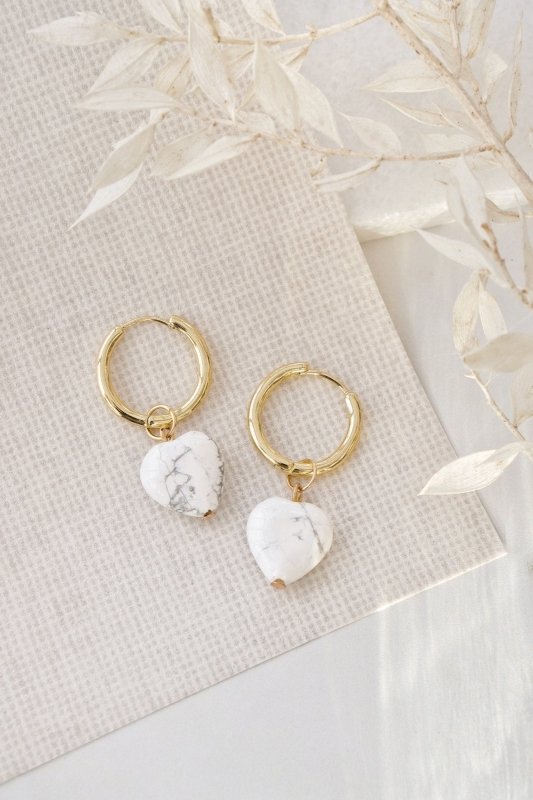 Gold Tone Chunky Hoop and Howlite Love Heart Earrings - Earrings - British D'sire