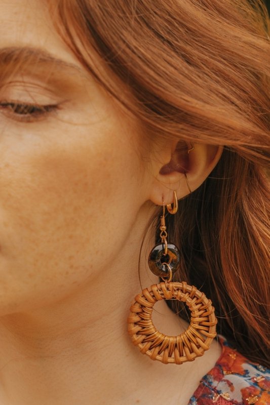 Gold Tone Circle Rattan Tigers Eye Earrings - Earrings - British D'sire