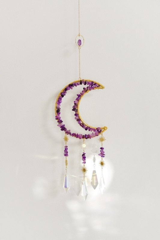 Gold Tone Crescent Moon Amethyst Crystal Window Suncatcher - Suncatchers - British D'sire