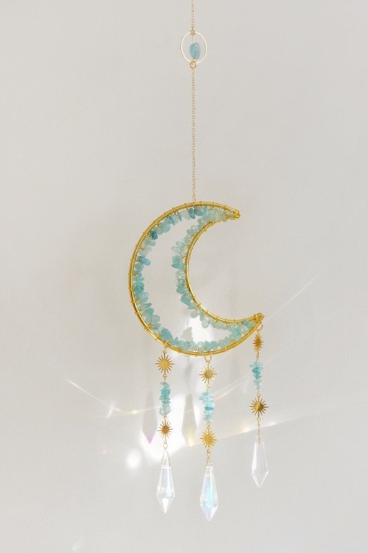 Gold Tone Crescent Moon Aquamarine Crystal Window Suncatcher - Suncatchers - British D'sire