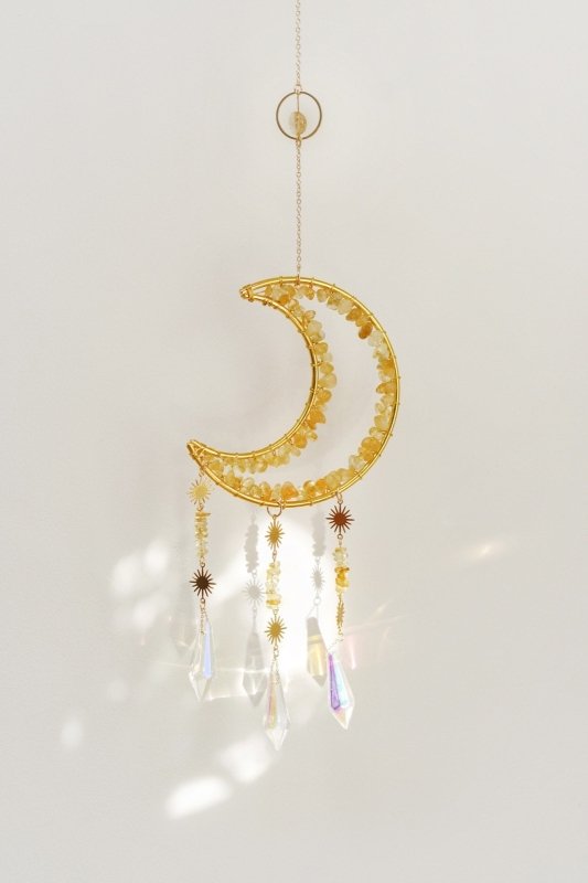 Gold Tone Crescent Moon Citrine Crystal Window Suncatcher - Suncatchers - British D'sire