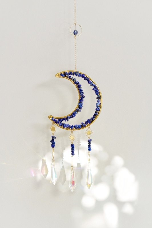 Gold Tone Crescent Moon Lapis Lazuli Crystal Window Suncatcher - Suncatchers - British D'sire