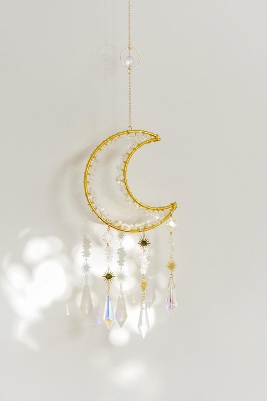 Gold Tone Crescent Moon Quartz Crystal Window Suncatcher - Suncatchers - British D'sire