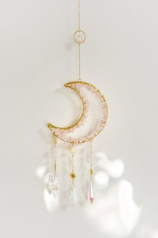 Gold Tone Crescent Moon Rose Quartz Crystal Window Suncatcher - Suncatchers - British D'sire