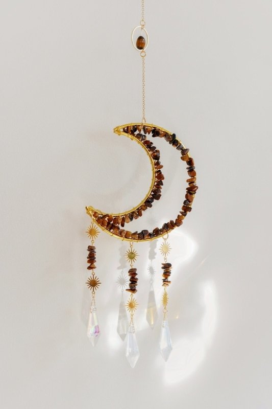 Gold Tone Crescent Moon Tigers Eye Crystal Window Suncatcher - Suncatchers - British D'sire