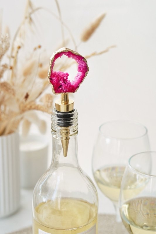 Gold Tone Fuchsia Pink Agate Crystal Wine Bottle Stopper - Bottle Openers - British D'sire