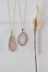 Gold Tone & Grey Agate Crystal Long Length Statement Necklace - Necklaces - British D'sire