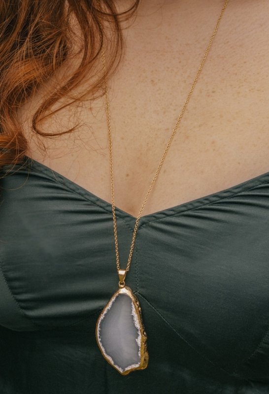 Gold Tone & Grey Agate Crystal Long Length Statement Necklace - Necklaces - British D'sire