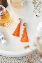 Gold Tone & Neon Orange Tassel Drop Earrings - Earrings - British D'sire