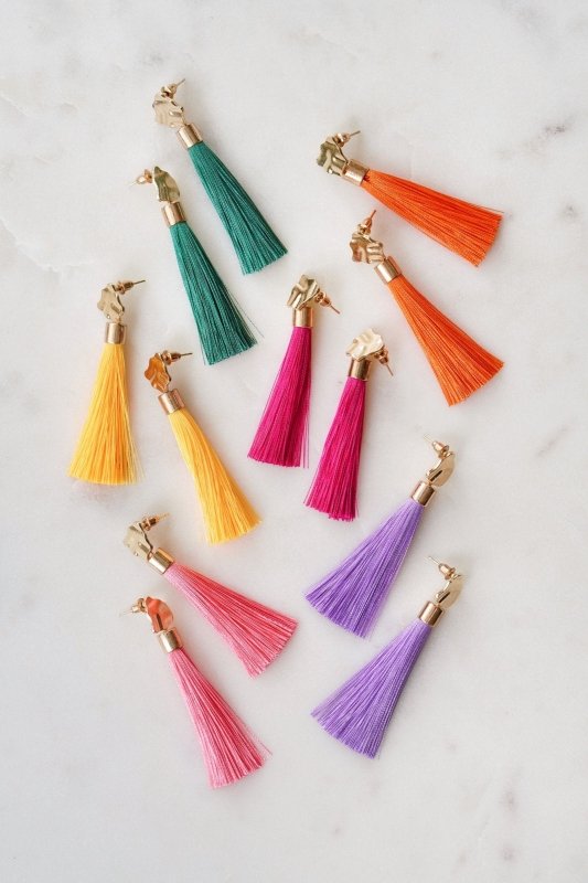 Gold Tone & Neon Orange Tassel Drop Earrings - Earrings - British D'sire