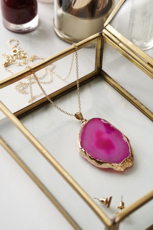 Gold Tone & Pink Agate Crystal Long Length Statement Necklace - Necklaces - British D'sire