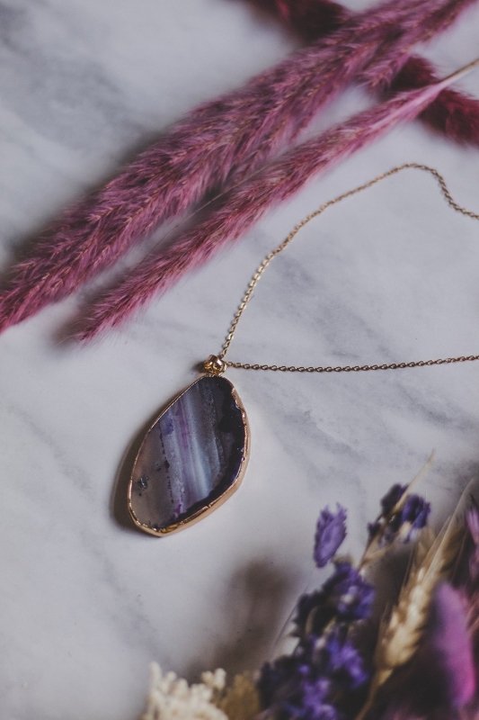 Gold Tone & Purple Agate Crystal Long Length Statement Necklace - Necklaces - British D'sire