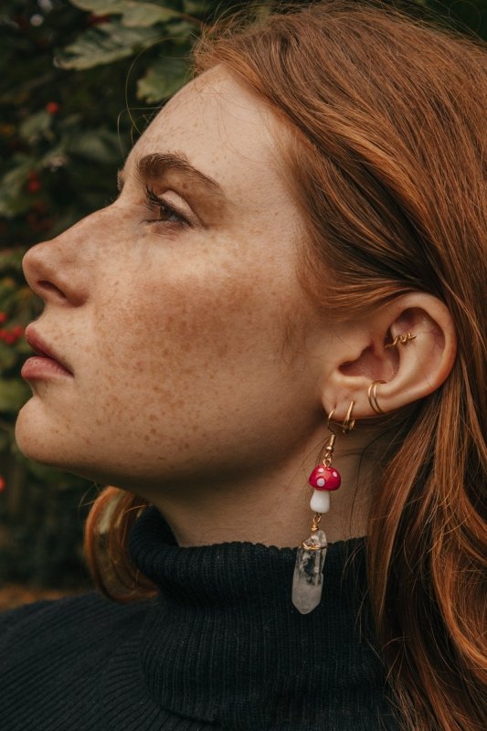 Gold Tone Red Mushroom & Raw Quartz Earrings - Earrings - British D'sire