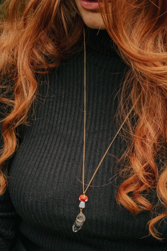 Gold Tone Red Mushroom & Raw Quartz Pendant Necklace - Necklaces - British D'sire