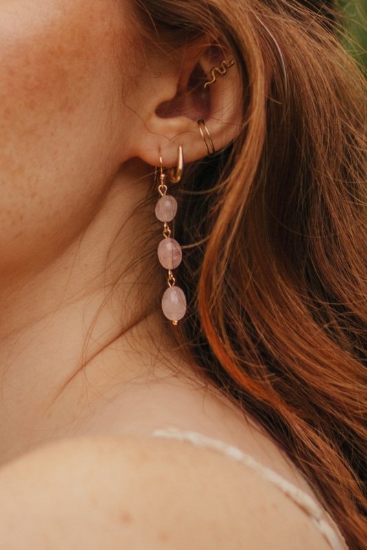 Gold Tone Rose Quartz 3 Drop Earrings - Earrings - British D'sire