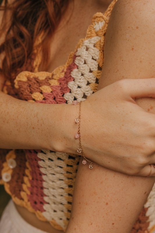 Gold Tone Rose Quartz & Clear Quartz Bracelet - Bracelets - British D'sire